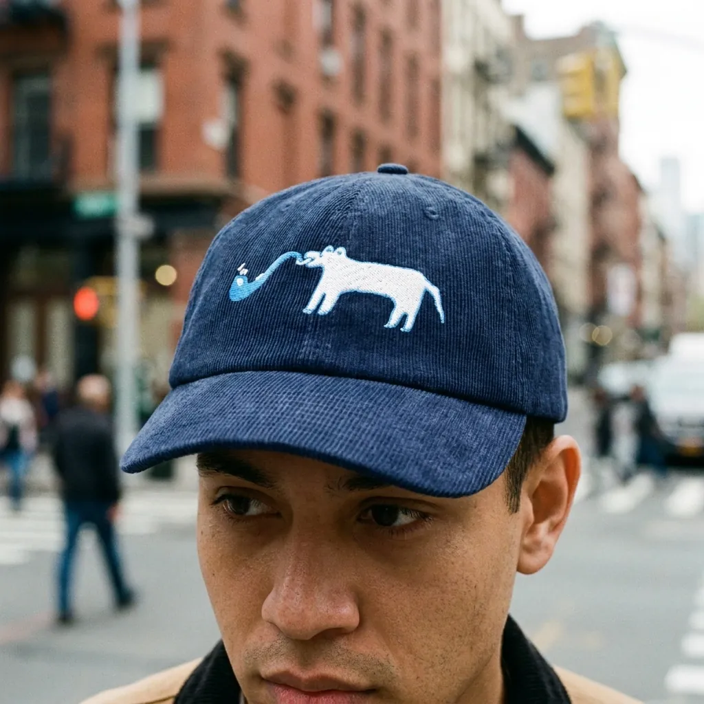 Oxford navy corduroy dad cap (corduroy hat), embroidered dog front and center